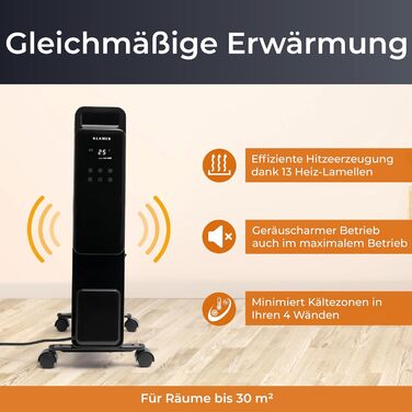 KLAMER Oil Radiator 2500 W, Electric Heater Energy-Saving, 13 Fins, 3 Heating Levels with Eco Mode, 24h Timer, Thermostat, Overheat & Tip-Over Protection, with Remote Control, for Indoor Use, Black