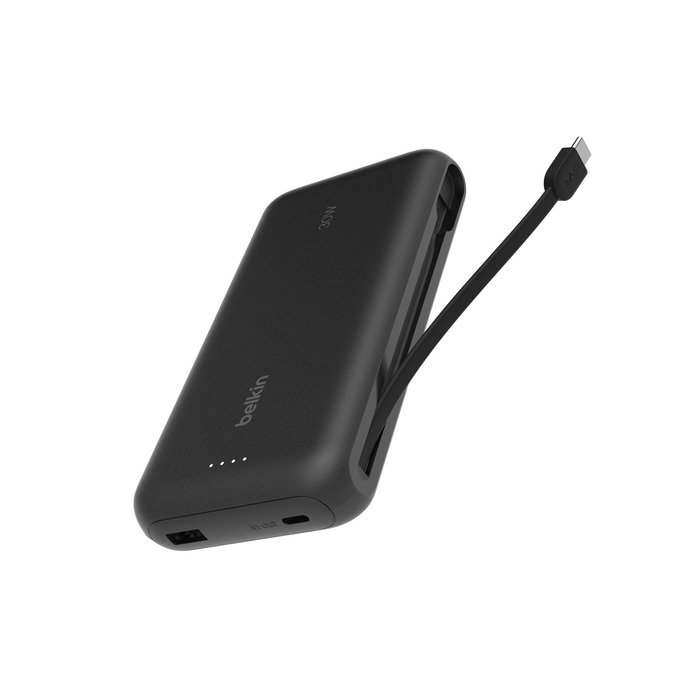 Зовнішній акумулятор Belkin Portable Powerbank 20000 mAh 30W з вбудованим кабелем USB-C PD для iPhone 16, iPad Pro, Samsung Galaxy S25, чорний