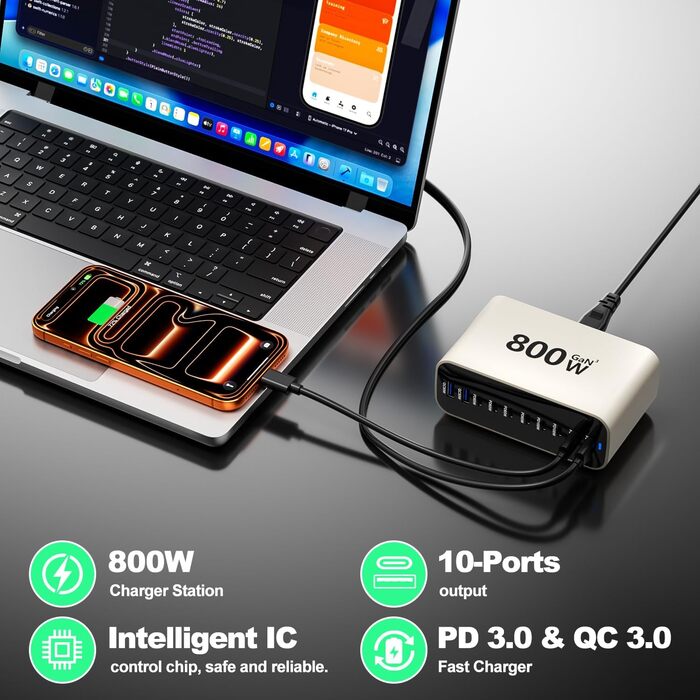 Зарядний пристрій GaN 800W USB-C, 10 портів, для MacBook, Dell, iPhone, Galaxy, ноутбуків, планшетів - Швидка зарядка