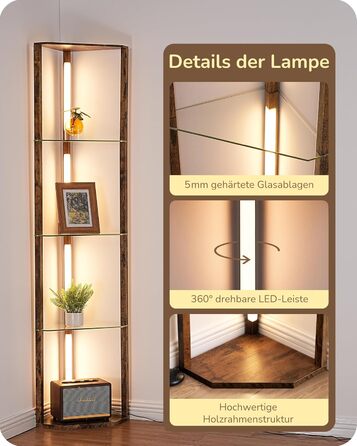 Стійка лампа EDISHINE з 4 полицями з дерева, LED диммер, 3 кольори світла, поворотний світловий маніпулятор, підсвічування полиць, регулювання яскравості, футовий вимикач, для вітальні (Вінтаж-коричневий+скло)