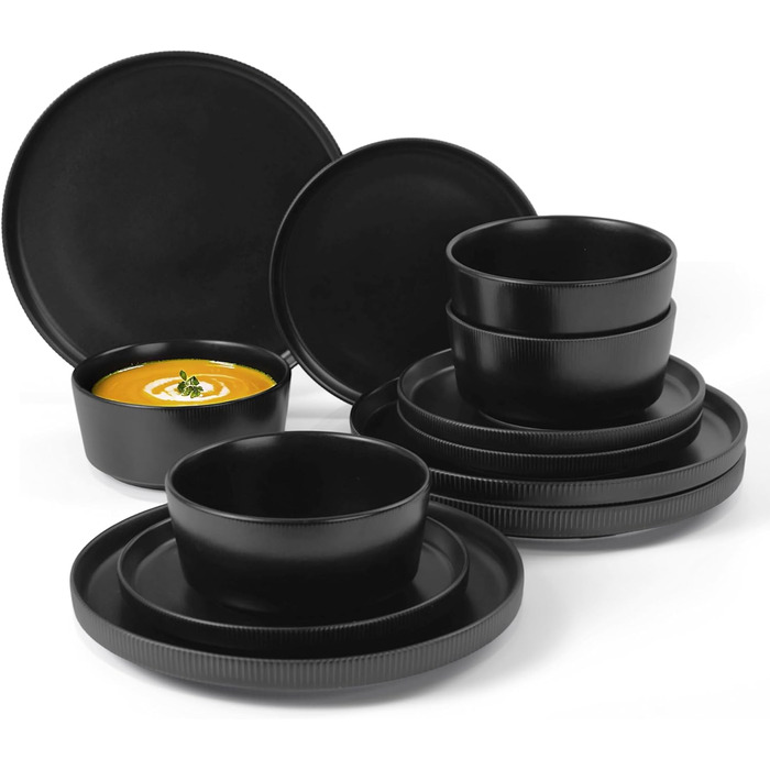 Набір посуду Jiwoo на 4 особи (12 предметів): тарілки, миски, десертні тарілки, Bone China, чорний матовий, для мікрохвильовки та посудомийної машини