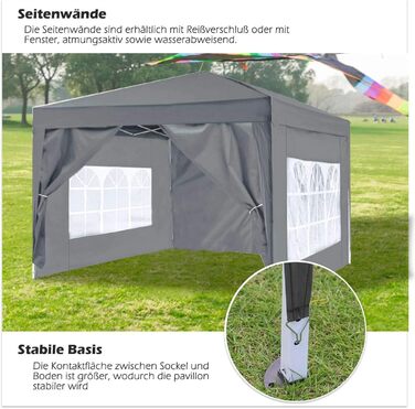 ISE 3x3 Pavilion with Side Walls, Folding Pavilion Stable incl. Carrying Bag, Folding Pavilion 3x3m UV Protection 50+, Adjustable Party Tent for Garden, Grey