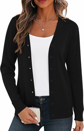 Жіноча легка в'язана жилетка з довгим рукавом, в'язаний пуловер з V-подібним вирізом, вінтажна класична жилетка на ґудзиках (L, Чорний)