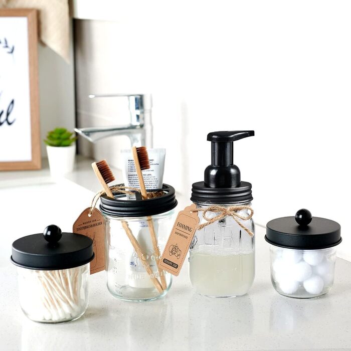 Mason Jar Bathroom Accessory Set, 4 Piece, Foaming Soap Dispenser & 2 Qtip Holders & Toothbrush Holder, Rustic Farmhouse Decor, Apothecary Glass, Countryside Countertop (Black) (Wide Mouth, Black)