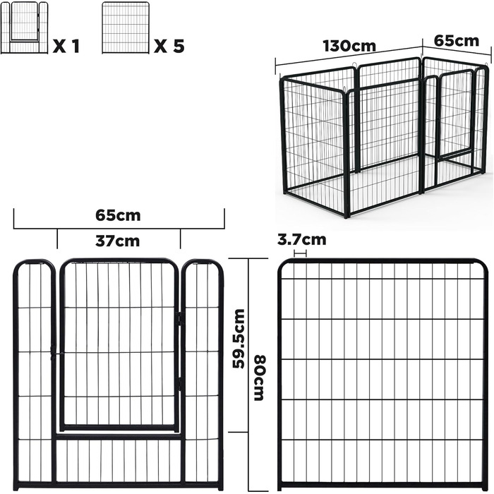 Вольєр для цуценят/собак Freigehege, складаний, 6 секцій, 65x80 см, чорний (6 шт.)