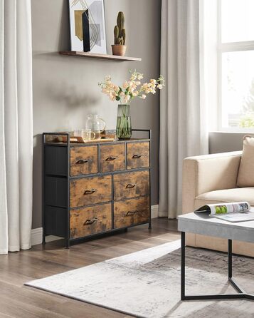 SONGMICS Chest of Drawers, Cabinet, 7 Fabric Drawers with Handles, Metal Frame, Industrial Design, Vintage Brown-Ink Black LTS137B01