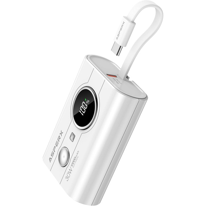 Power Bank AsperX 10000mAh з PD 30W, USB-C, білий. Швидка зарядка для iPhone 15/14, iPad. Компактний акумулятор