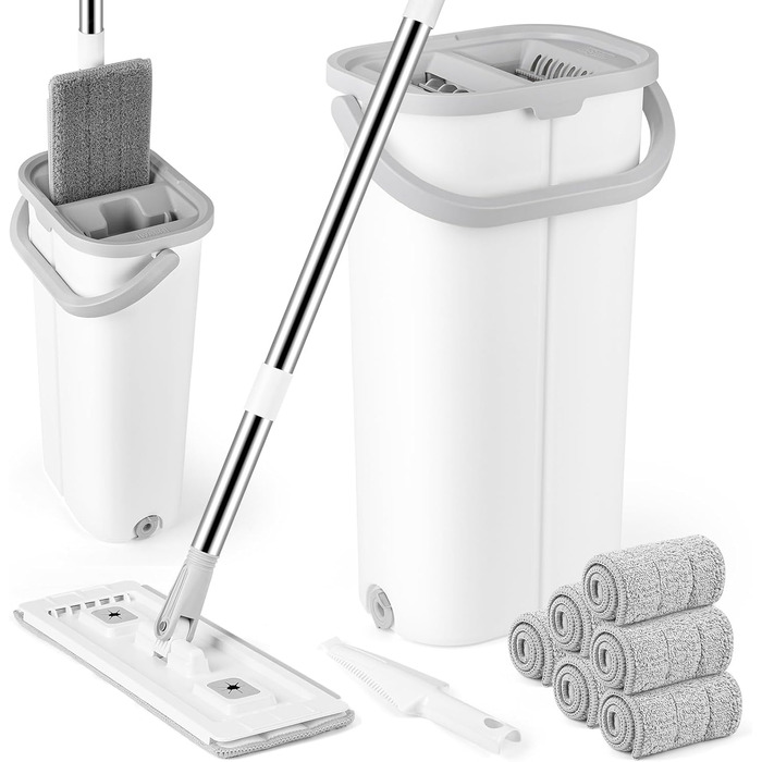 Набір для миття підлоги з відром GIOVARA: моп з відром, система віджиму, мікрофібра, 6 насадок, для всіх типів підлоги, білий
