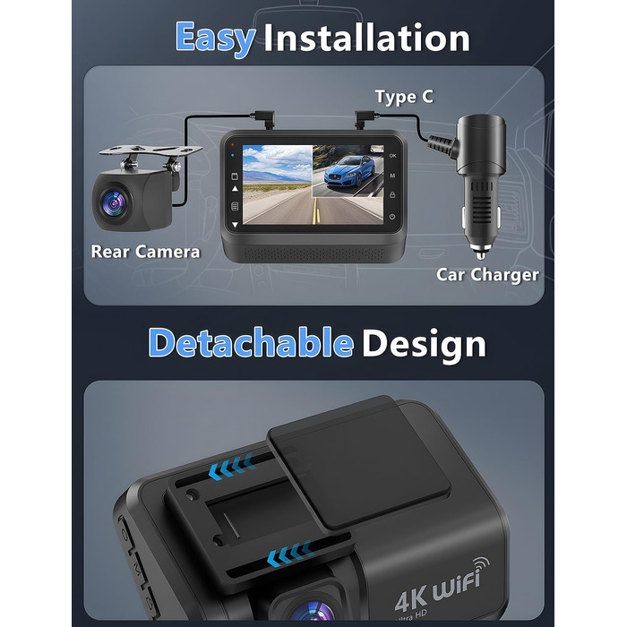 Відеореєстратор Chortau Dashcam 4K+1080P з двома камерами, WiFi, LCD 3 дюйми, 64GB SD, Нічне бачення, G-сенсор, Park Mode