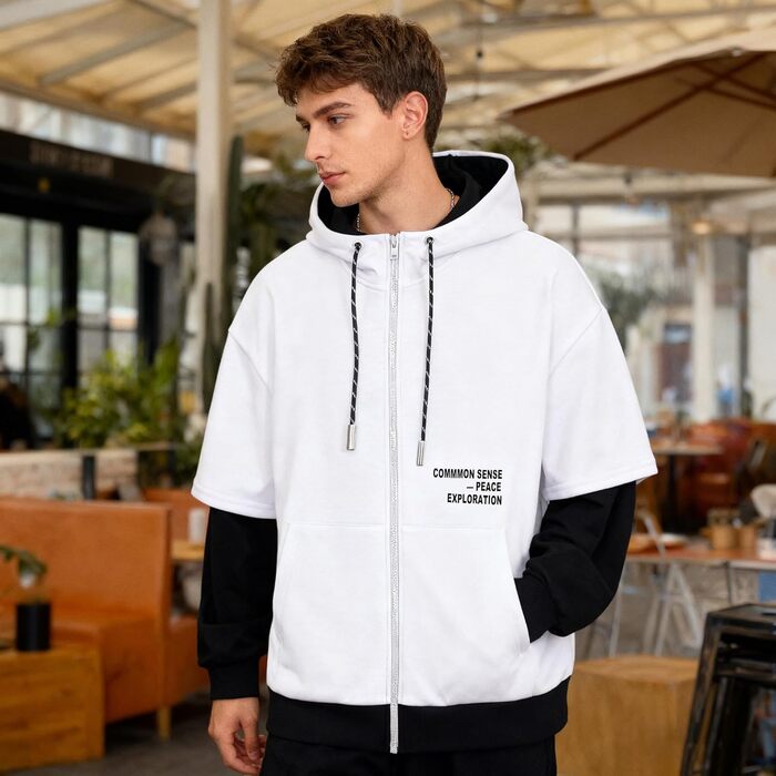 Чоловіча толстовка з капюшоном RUIZEHONG з блискавкою, блоковий колір, з кишенями, повсякденна, біло-чорна, розмір XL