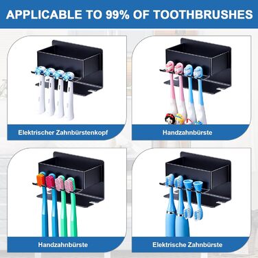 Тримач для зубних щіток настінний, для електричної зубної щітки, з підставкою для насадок, без свердління, чорний, компактний