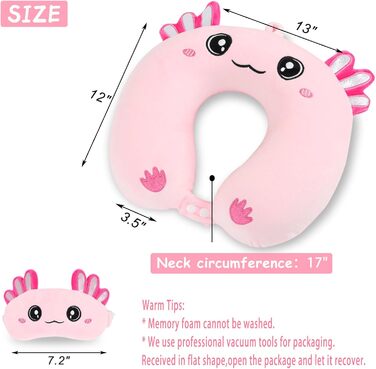 Дитяча подушка для подорожей з маскою для сну, м'яка подушка для шиї з Memory Foam, для дітей, хлопчиків та дівчаток, підлітків, аксесуари для подорожей, подушка для шиї (Аксолотл)