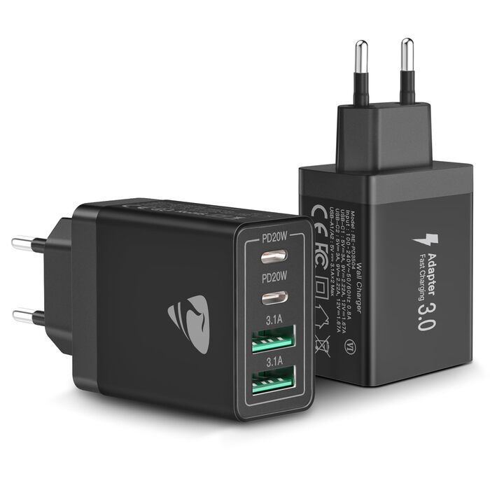 Зарядний пристрій USB-C 2 шт, 4 порти: адаптер для швидкої зарядки 40W PD 3.0 для iPhone 15 Pro Max, Samsung та інших смартфонів - чорний