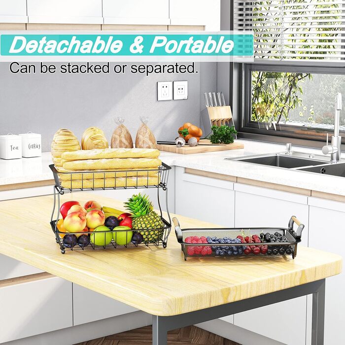 3-Tier Fruit Basket with 2 Banana Hangers for Kitchen Countertop, Vegetable Counter, Storage Holder, Large Capacity, Metal Wire, Fruit Stand, Organizer for Onion, Snack, Black
