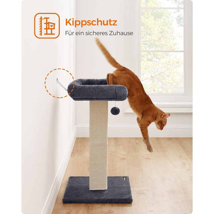 Feandrea Cat Tree, Cat Tower with 40 x 30 cm Plush Platform, Scratch Post, Cat Scratching Post, 71 cm High, Sisal-Wrapped Scratching Post, 45 x 40 cm Base, with Plush Ball, PCA022W01 (Dark Grey)