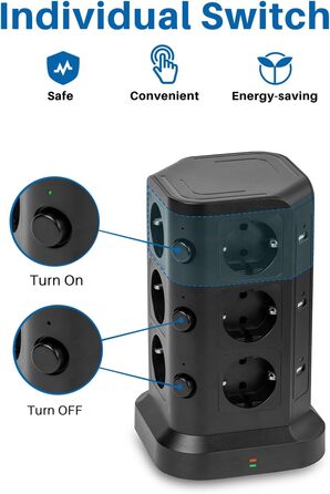 KOOSLA Тур Steckdosenturm 12 Fach з USB (6x) та захистом від перенапруги (4000W/16A) для офісу, кухні, столу, 5м, чорний