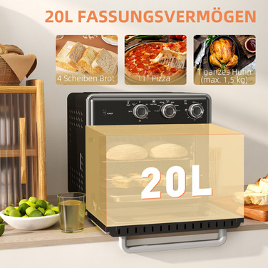 HOMCOM 20L Convection Mini Oven with Baking Tray, Grill Rack, and Crumb Tray, 90°C-230°C Air Fryer with 5 Modes, Frying Basket, 60 Min. Timer, 1400W, Metal | Aosom
