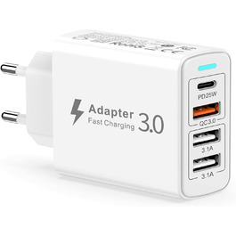 Мережевий зарядний пристрій USB C на 4 порти, 40W, PD&QC3.0, для iPhone, Samsung Galaxy
