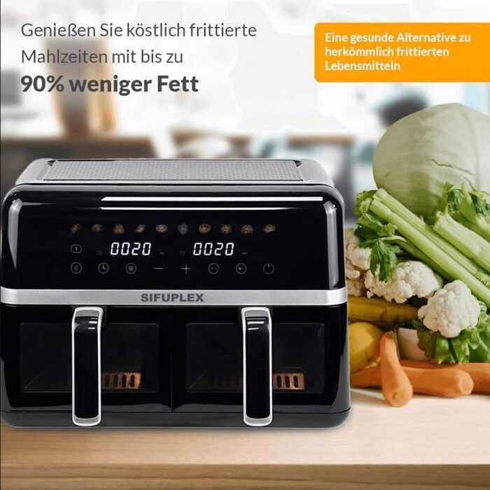 Фритюрниця Sifuplex ASF90 Duo 9L з подвійними кошиками (2 x 4.5L), 10 програм, Rapid-Air, сенсорний екран, 90% менше жиру, для смаження, випікання, розморожування