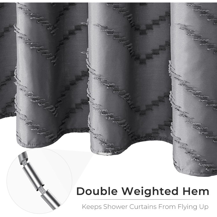 Шторка для душу, довга, в стилі фермерського дому, богемний шик, туфтована, Chevron, текстурована, смугаста, мінімалістична, тканинна, мила, сіра, 198.1 x 182.9 см (1 шт.)