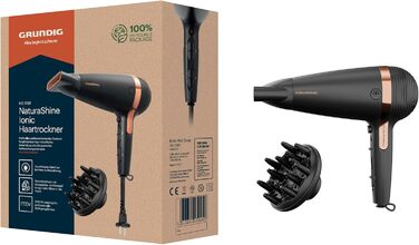 Фен GRUNDIG Naturashine HD 7081 з іонізацією, керамічним захистом, Cool Touch насадкою, 2100 Вт, 3 температурні та 2 режими повітряного потоку, холодна функція, знімний кабель, чорний / рожеве золото