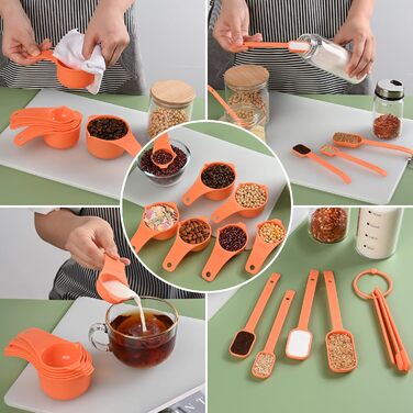 Measuring cup and spoon set, plastic beakers, portioning spoon set for baking and cooking, kitchen - 7 measurements and 7 spoon set with leveler, color: black
