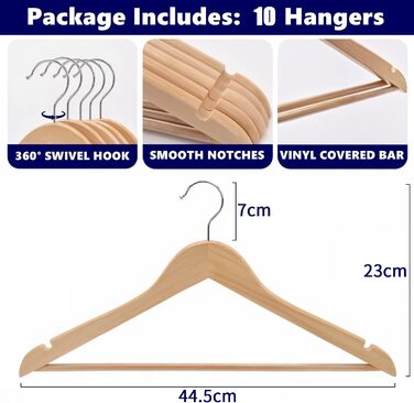 Amber Home 10-Piece 44.5cm Natural Wooden Clothes Hangers with Bar and Notch, Sturdy Hanger for T-Shirt, Shirt, Suit, Coat, Dress, Wedding, Tank Top
