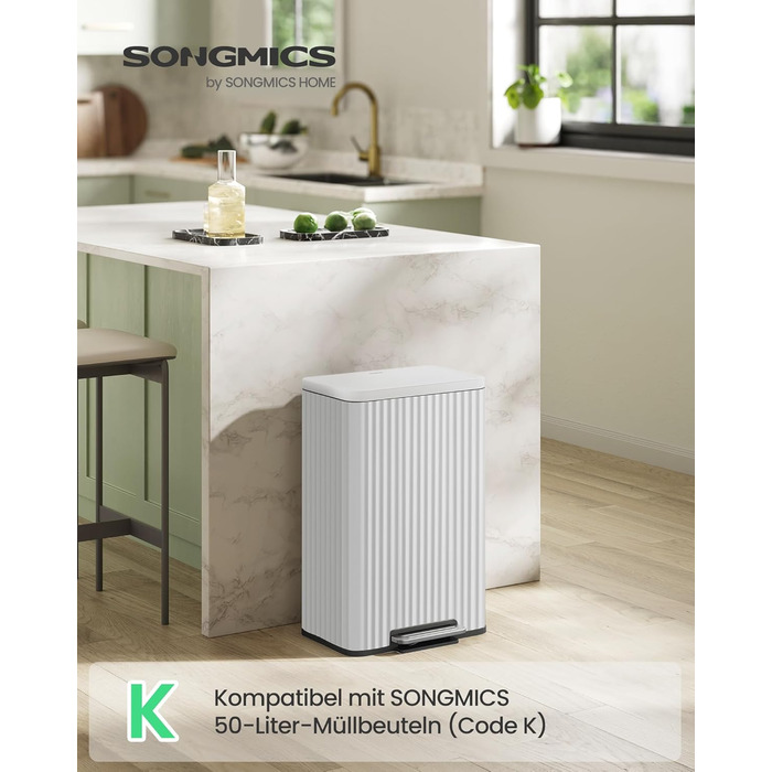 Відро для сміття SONGMICS з педаллю 50л, сталь, з кришкою Softclose, знімний внутрішній відро, білий (LTB586LZ02) + 15 пакетів для сміття