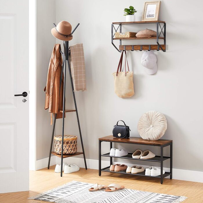 VASAGLE Coat Rack in Tree Shape, Clothes Rack, Freestanding Wardrobe, Industrial Design, with 2 Shelves, for Clothes, Hats, Bags, Vintage Brown-Black RCR16BXV1