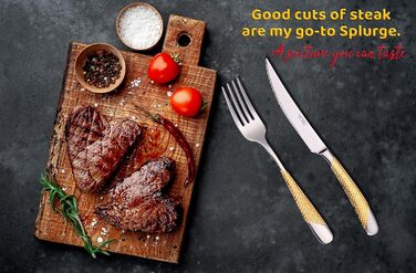 DAFFODILY Cutlery Set. Hammered 18/10 Stainless Steel Flatware. Mirror Finish, ultra-sharp steak knives, dishwasher safe. (Gold, 20)