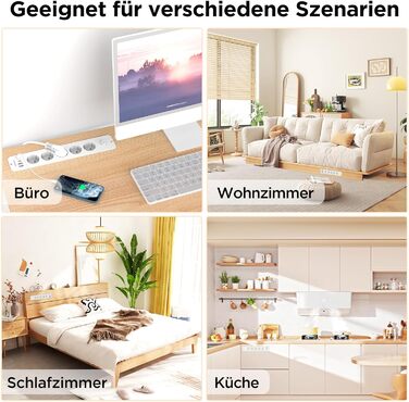 Мережевий адаптер з 2 USB-C (PD 20W) та 1 USB-A, 3 розетки з вимикачем, захист від перенапруги, кабель 1.5м (розподільник для столу)