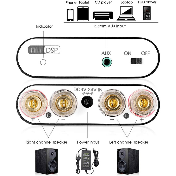 Nobsound NS-10G PRO стерео підсилювач Hi-Fi DSP 2x100Вт, Bluetooth 5.0, 2-канальний міні аудіо підсилювач для домашніх колонок, цифровий, чорний, з блоком живлення