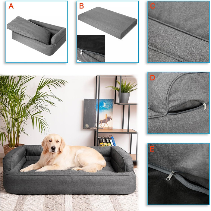 Dog bed, pet furniture, cat bed, removable cover, dog basket, dog cushion, dog lounger, sleeping places, dog sofa, XL: 96x62 cm (2: 96x62 cm, Graphite)
