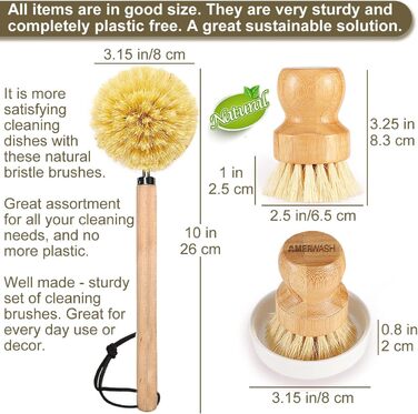 Dish Brush Set made of wood, for cleaning pots, pans and vegetables, natural bristles, bamboo scrub brushes with ceramic bowl, 1 long-handled dish brush + 2 palm-sized scrub brushes