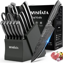 MOSFiATA 17-Piece Knife Set with Block - Professional Kitchen Knife Set with Titanium Coating, Stainless Steel, Scissors, Finger Guards & Gift Box