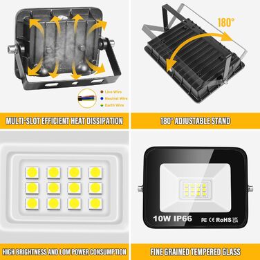 RIGIDON 2x 75W LED Floodlights Outdoor, 7500LM Outdoor Spotlight, 6000K Cool White IP66 Waterproof LED Floodlight, Outdoor Lamp for Garden, Courtyards, Garage, Hotel, Sports Field, Workshop (2 x 10W)