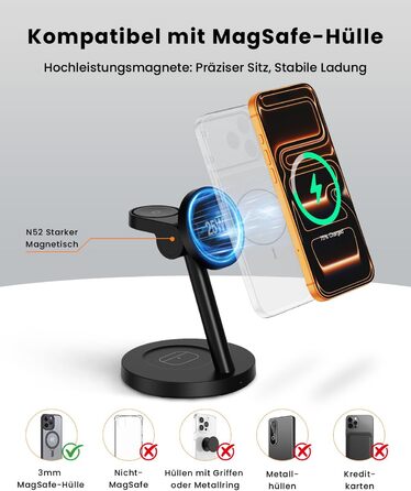 Зарядна станція JoyGeek 3-в-1 MagSafe 25W для iPhone 17/16, Apple Watch, Samsung Watch та AirPods з адаптером 45W (Чорний матовий)