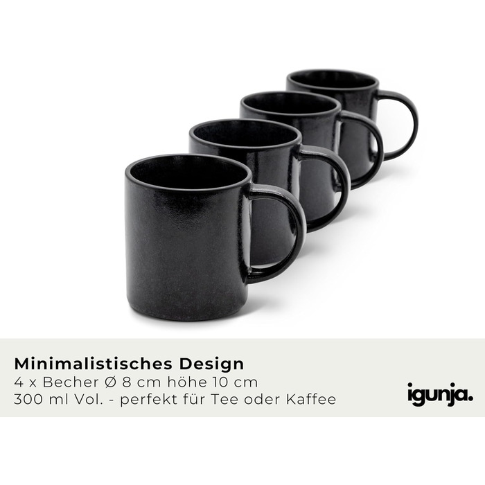 Igünja 12-Piece Dinnerware Set - Reactive Glaze Stoneware Bowls & Plates (Black, Mug Set) - Premium Handcrafted Tableware for 4