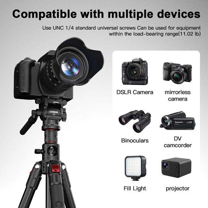 Штатив для камери COMAN KX3939Mini (V1) 181см з гідравлічною головою, швидкознімною платформою та знімними ніжками для DSLR, відеокамер та відошукачів