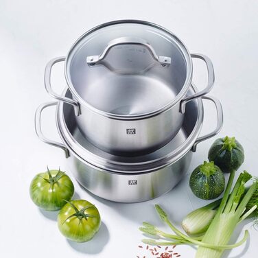 Набір каструль ZWILLING Flow, 5 предметів, з кришкою з термостійкого скла, для індукційних плит, не має покриття, з нержавіючої сталі, колір Black