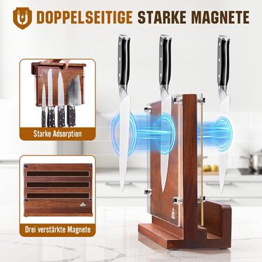 ENOKING Premium Plus Knife Block Magnetic, Magnetic Knife Block with Protection, High-Quality Magnetic Knife Holder, Acacia Wood Cutting Board with Double-Sided Strong Magnet for up to 14 Knives