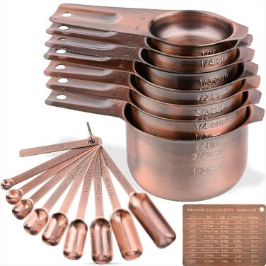 Smithcraft Measuring Cup and Spoon Set, Copper Measuring Cups and Spoons for Dry and Liquid Ingredients, Metric and US Units, 7 Stainless Steel Measuring Cups & 9 Spoons, Leveler and Measurement Equivalents