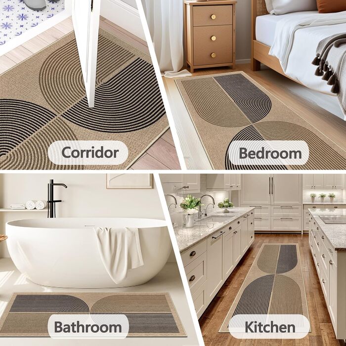 Килимок для підлоги 80x200 см з джуту - чорно-коричневий, неслизький, для кухні, коридору, спальні, балкону