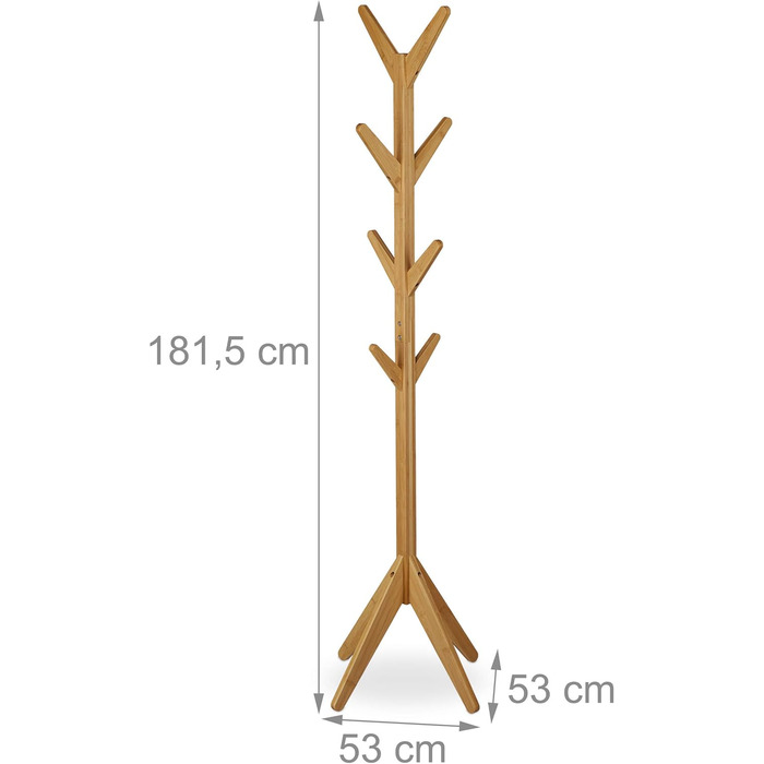 Relaxdays Bamboo Coat Rack, Jacket Stand with 8 Hooks, HBT 181.5 x 53 x 53 cm, Standing Wardrobe in Tree Shape, Natural 10032151