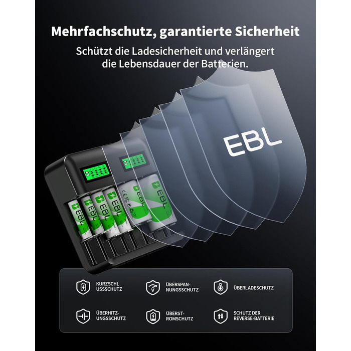 Зарядний пристрій EBL для акумуляторів AA AAA C D NI-MH, Type-C, LCD дисплей, швидка зарядка (зарядний пристрій + 4 x C)