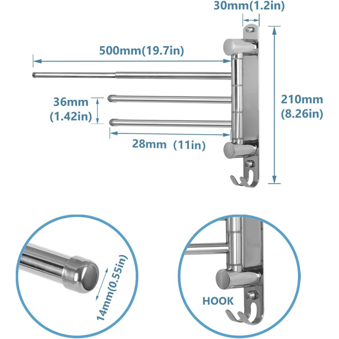 Тримач для рушників JSVER поворотний на 180°, з нержавіючої сталі 304, 3 висувні ручки до 50 см, для кухні, ванної кімнати, гардеробу, сріблястого кольору