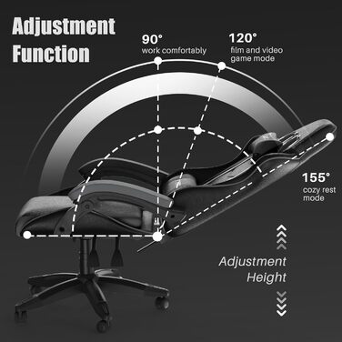 Геймерське крісло Bigzzia Ergonomic: з подушкою для попереку та голови, регульована висота, для комп'ютера, для дорослих та підлітків (сірий)