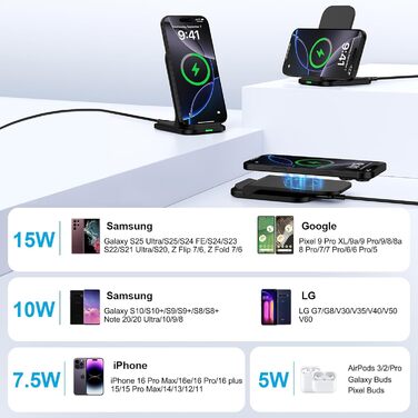 Бездротова зарядка 15W для Samsung Galaxy та iPhone: складний зарядний стан для швидкої зарядки