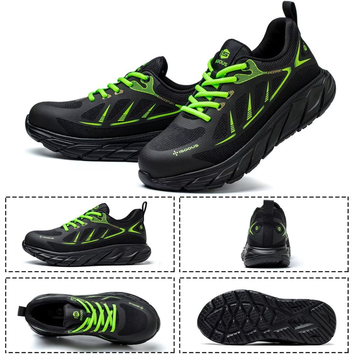 Зручні робочі черевики ISOOUS з металевим підноском для чоловіків та жінок. Легкі, спортивні, неслизькі, дихаючі. Розмір 37 EU, колір зелений.