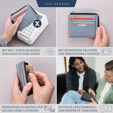 Шкіряний RFID картхолдер VON HEESEN з наппа-шкіри для чоловіків та жінок, 9 відділень, горизонтальний (Світло-блакитний)